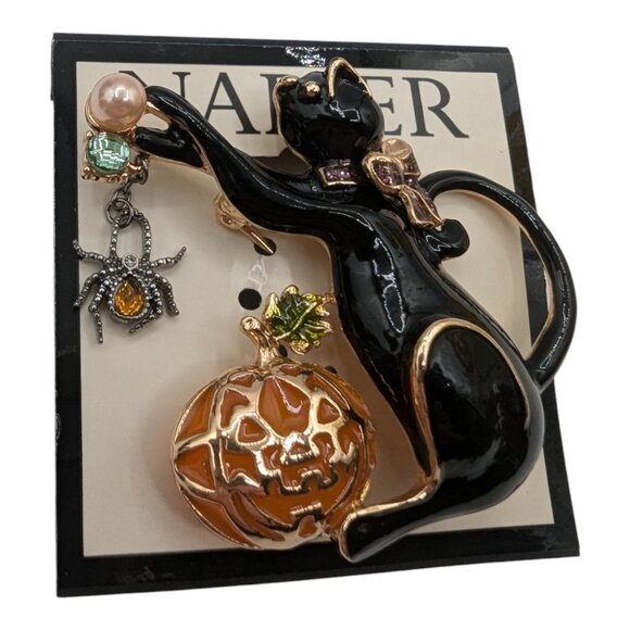 Napier Halloween Brooch Black Cat With Pumpkin & Spider Design Gold Tone Enamel - Picture 2 of 8